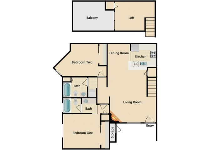 2 bedroom 2 bathroom loft floor plan at Riverview Park Apartments in Mesa, AZ